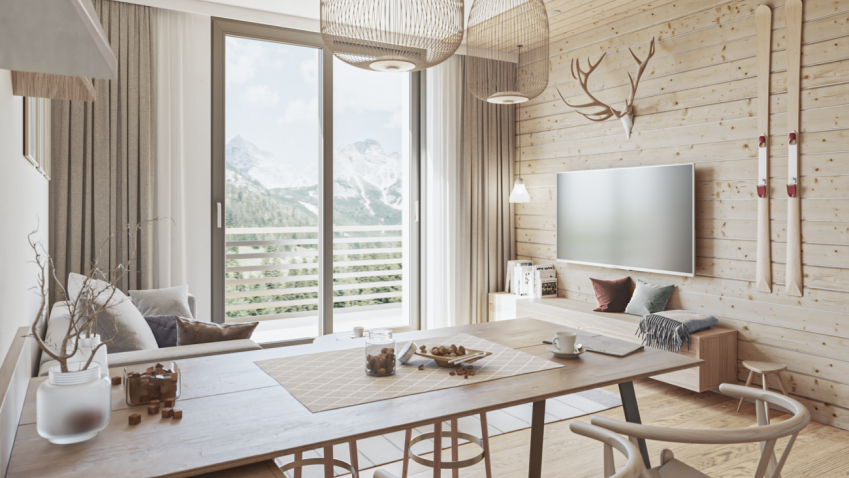 Interiéry horských apartmánů jsou jako dělané pro milovníky přírodních materiálů