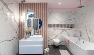 Stylové koupelny plné inspirace - Jemná kombinace imitace mramoru s narůžovělými prvky