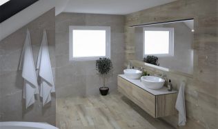 Stylové koupelny plné inspirace - Koupelny se vzorem jemné kameniny a s dekorem dřeva
